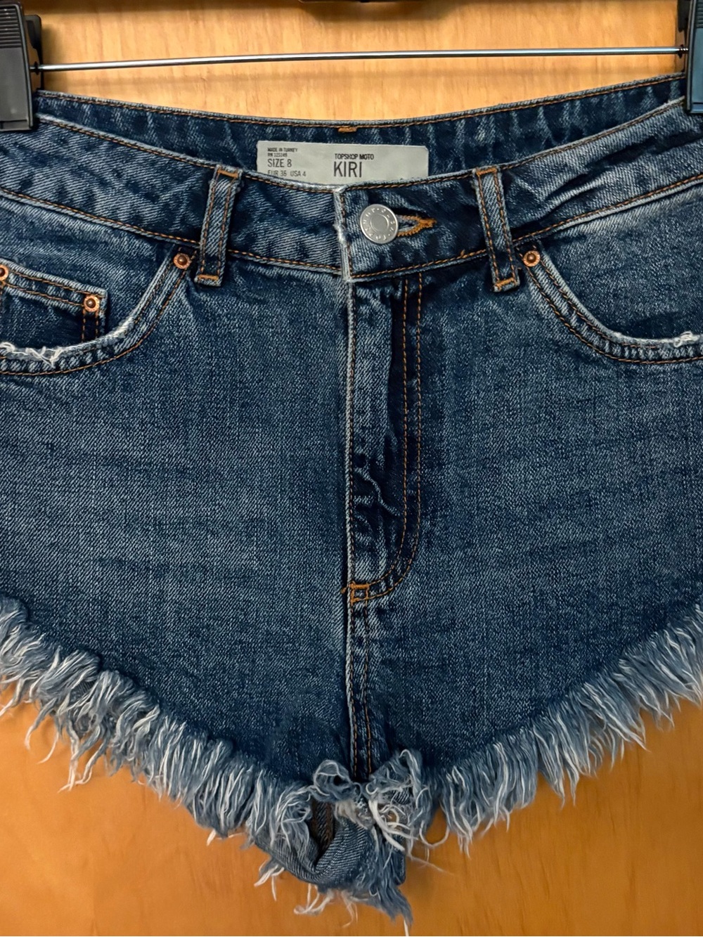 Topshop Kiri Moto Micro Denim Jean Cutoff Shorts in Dark Blue with Frayed Hem
